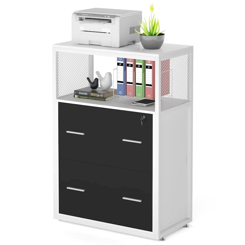 Walnut Black 2-Drawer Lateral File Cabinet with Open Shelves