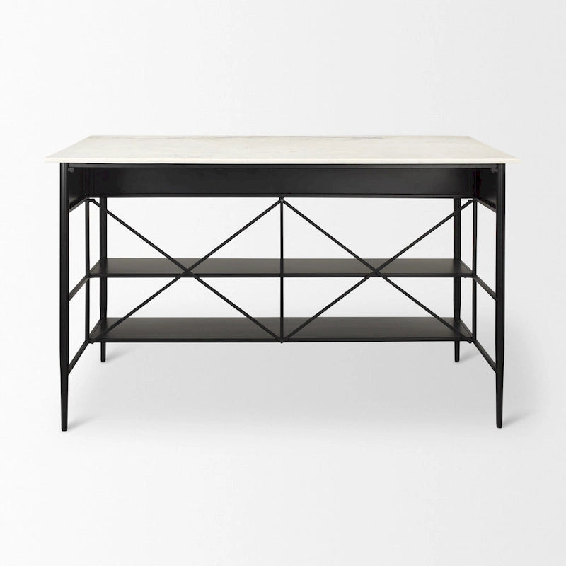 White Marble Kitchen Island with Black Metal Frame - 3 Drawers