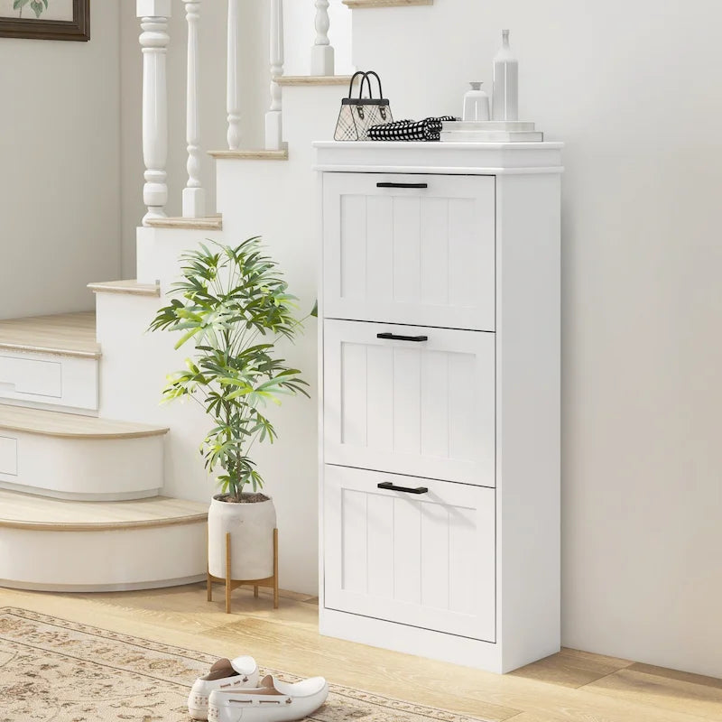 Black Shoe Cabinet with 3 Flip Drawers - 15 Pair Capacity