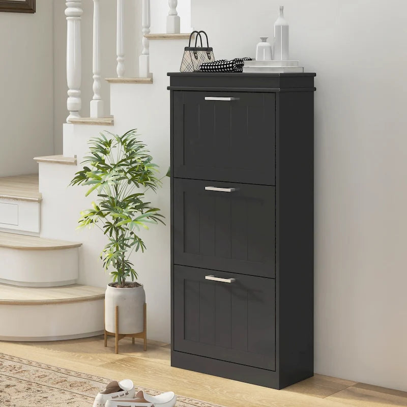 Black Shoe Cabinet with 3 Flip Drawers - 15 Pair Capacity