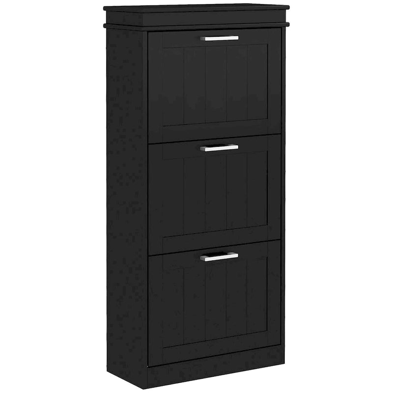 Black Shoe Cabinet with 3 Flip Drawers - 15 Pair Capacity