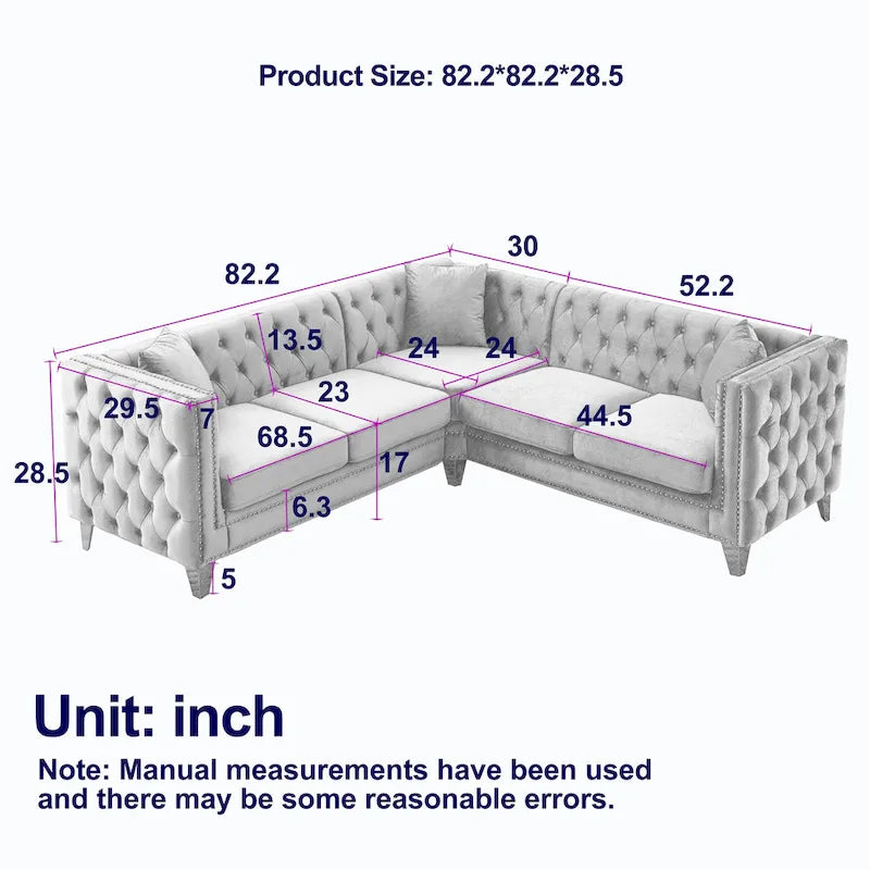 82.2-Inch Velvet Corner Sofa, L-Shaped Sectional Couch, 5-Seater Corner Sofas with 3 Cushions for Living Room, Bedroom, Apartmen