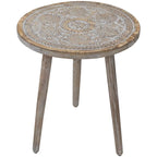 21  Antique Gray Engraved Round Tri Leg Wooden Side Table