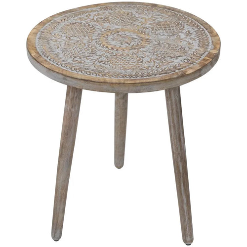 21  Antique Gray Engraved Round Tri Leg Wooden Side Table