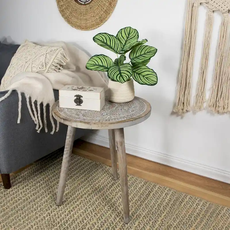 21  Antique Gray Engraved Round Tri Leg Wooden Side Table