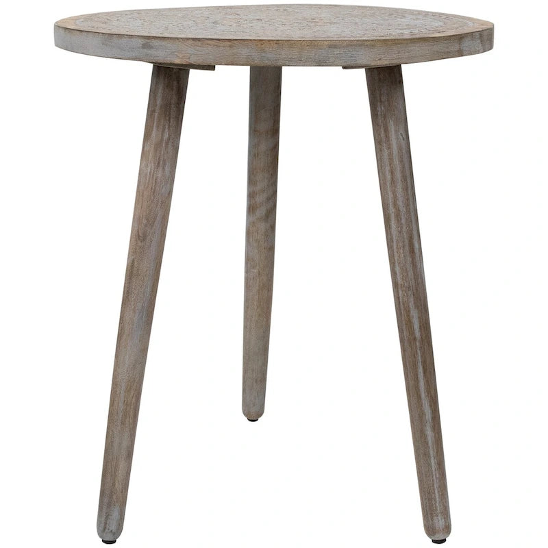 21  Antique Gray Engraved Round Tri Leg Wooden Side Table