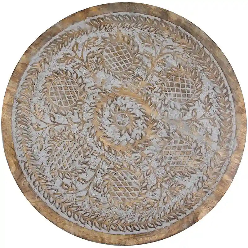 21  Antique Gray Engraved Round Tri Leg Wooden Side Table