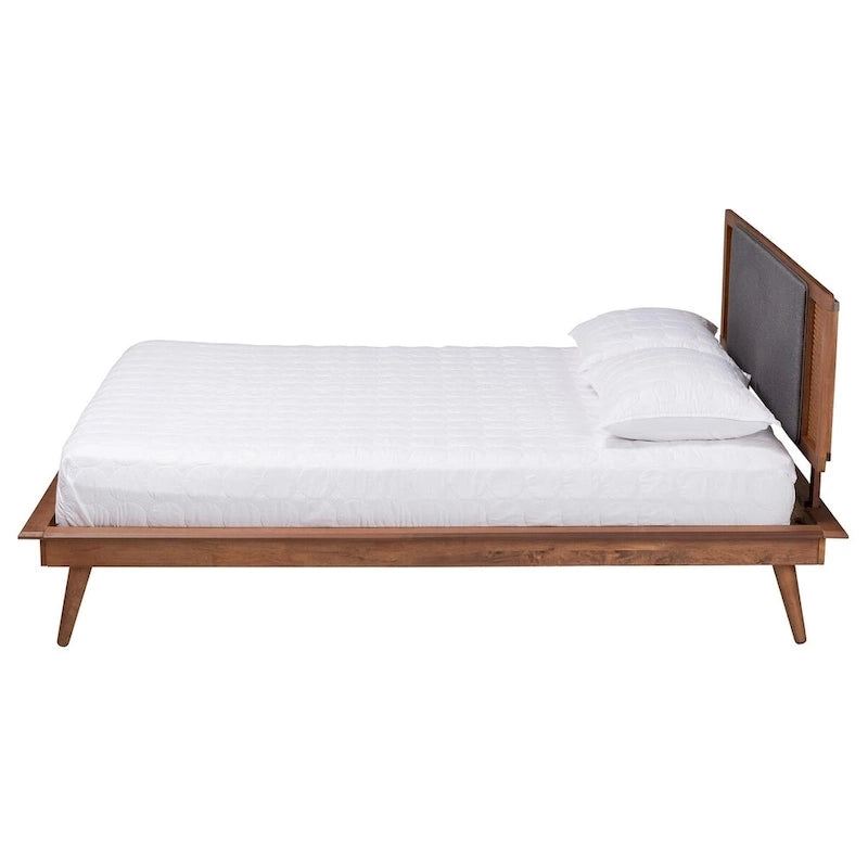Dark Grey Fabric Platform Bed with Rattan - Full/Queen/King