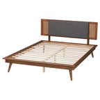 Dark Grey Fabric Platform Bed with Rattan - Full/Queen/King