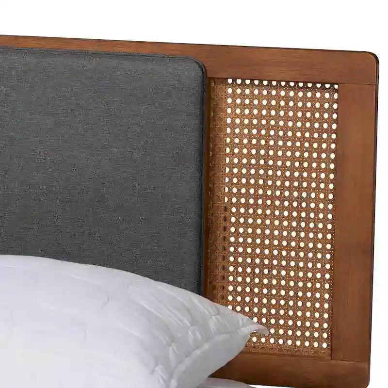 Dark Grey Fabric Platform Bed with Rattan - Full/Queen/King