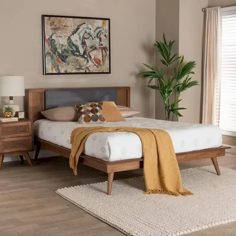 Dark Grey Fabric Platform Bed with Rattan - Full/Queen/King