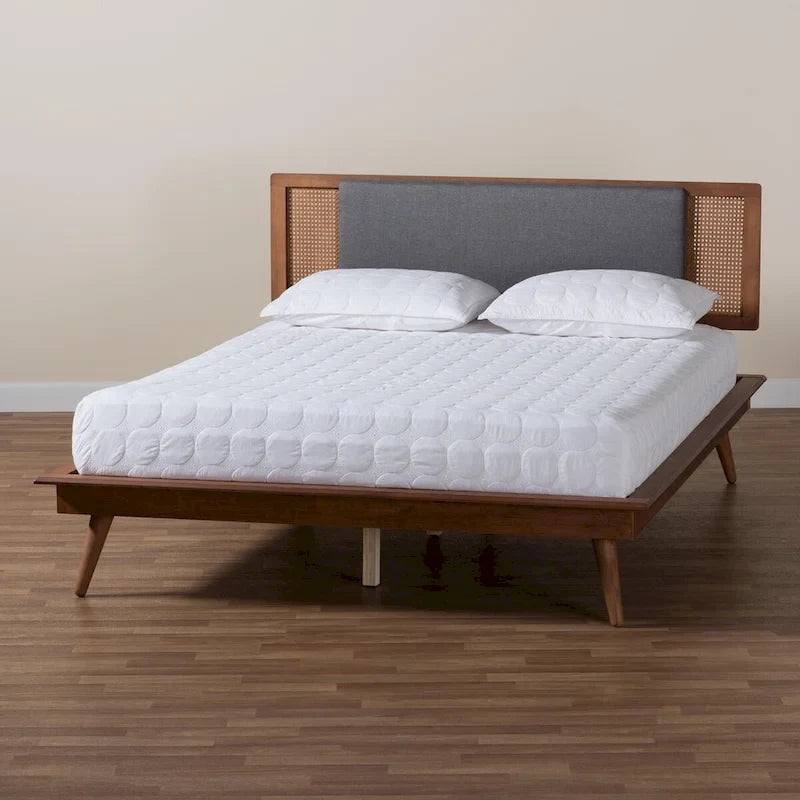 Dark Grey Fabric Platform Bed with Rattan - Full/Queen/King