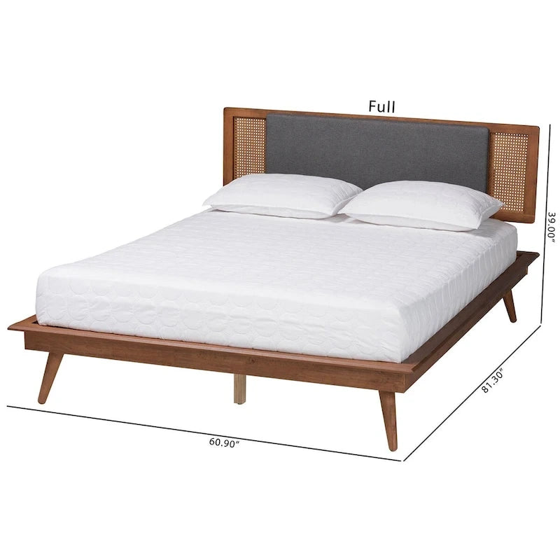 Dark Grey Fabric Platform Bed with Rattan - Full/Queen/King