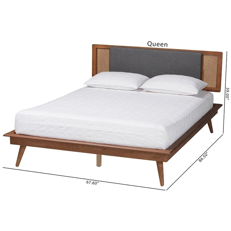 Dark Grey Fabric Platform Bed with Rattan - Full/Queen/King