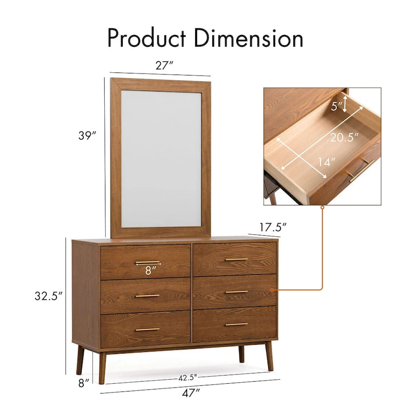 Walnut Mid-Century 6-Drawer Dresser