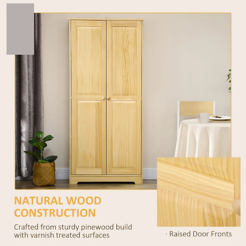 67  Pinewood Kitchen Pantry Storage Cabinet, Freestanding Cabinets with Doors and Shelf Adjustability, Soft-Close Mechanism