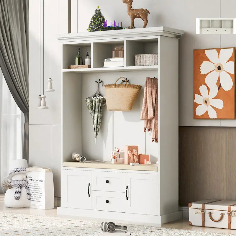 3-in-1 Design Hall Tree with 3 Hooks and Storage Bench - 47.24 W x 70.9 H x 15.74 D