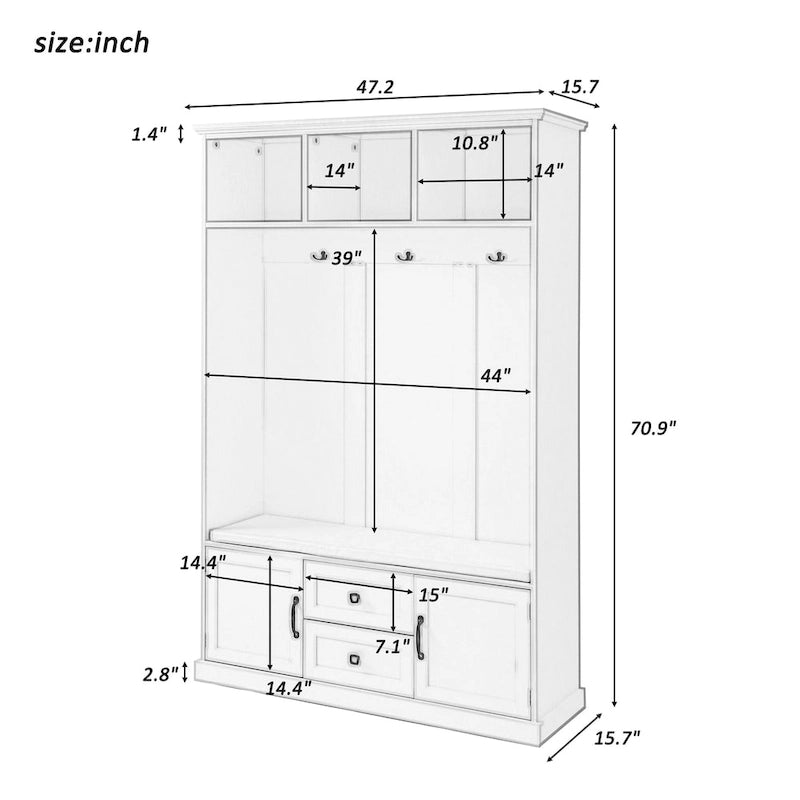 3-in-1 Design Hall Tree with 3 Hooks and Storage Bench - 47.24 W x 70.9 H x 15.74 D