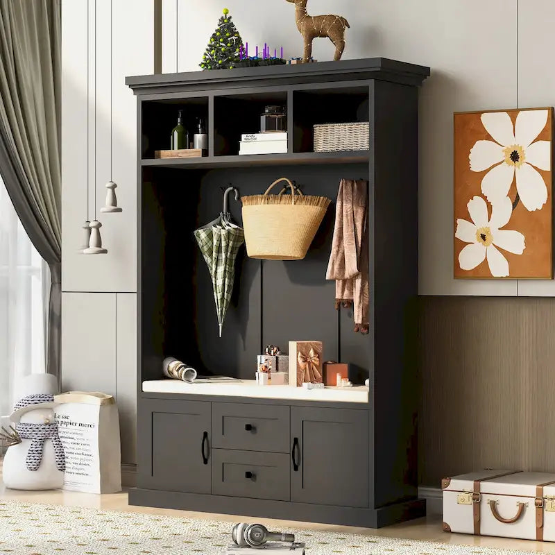 3-in-1 Design Hall Tree with 3 Hooks and Storage Bench - 47.24 W x 70.9 H x 15.74 D