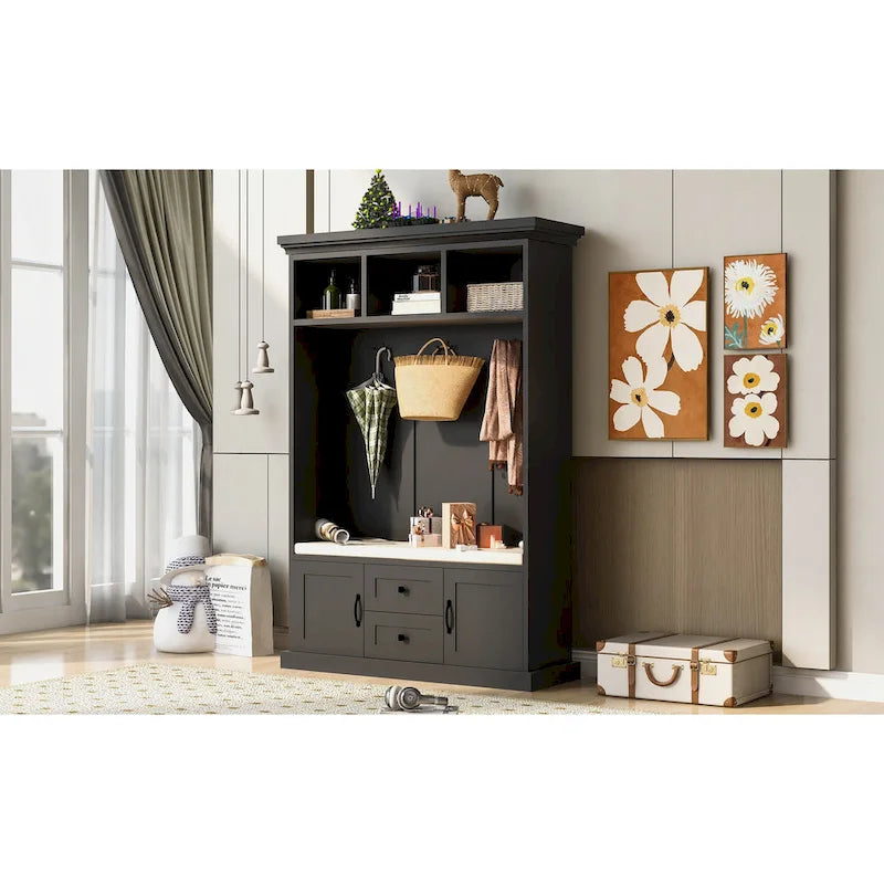 3-in-1 Design Hall Tree with 3 Hooks and Storage Bench - 47.24 W x 70.9 H x 15.74 D