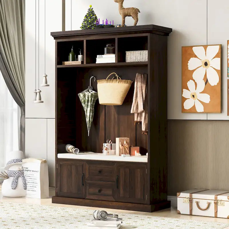 3-in-1 Design Hall Tree with 3 Hooks and Storage Bench - 47.24 W x 70.9 H x 15.74 D