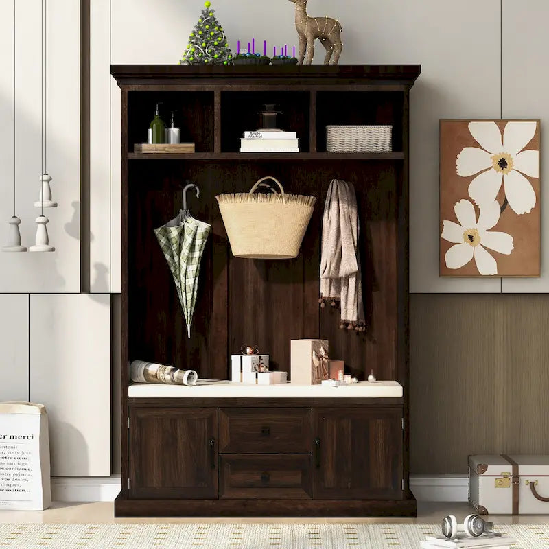 3-in-1 Design Hall Tree with 3 Hooks and Storage Bench - 47.24 W x 70.9 H x 15.74 D