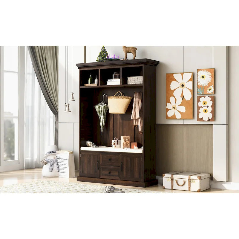 3-in-1 Design Hall Tree with 3 Hooks and Storage Bench - 47.24 W x 70.9 H x 15.74 D