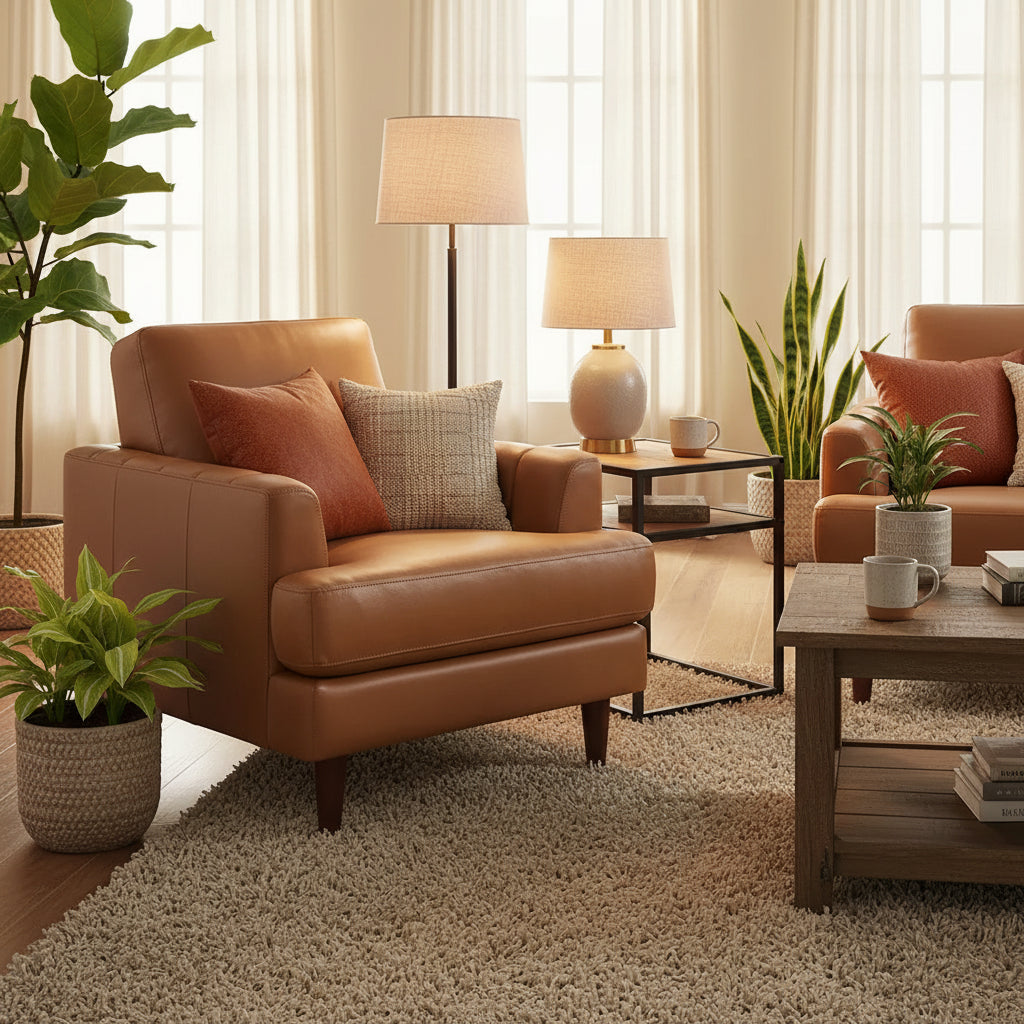 Ivy Living Cassia Top Grain Leather Chair With Feather, Memory Foam and Springs
