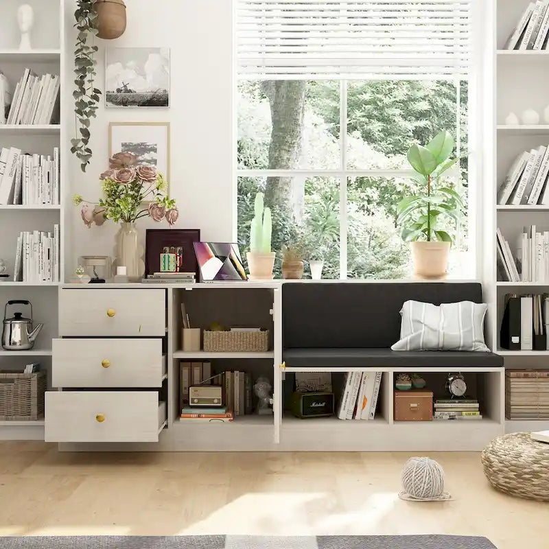 White Entryway Shoe Storage Bench with Black Cushion and Drawers