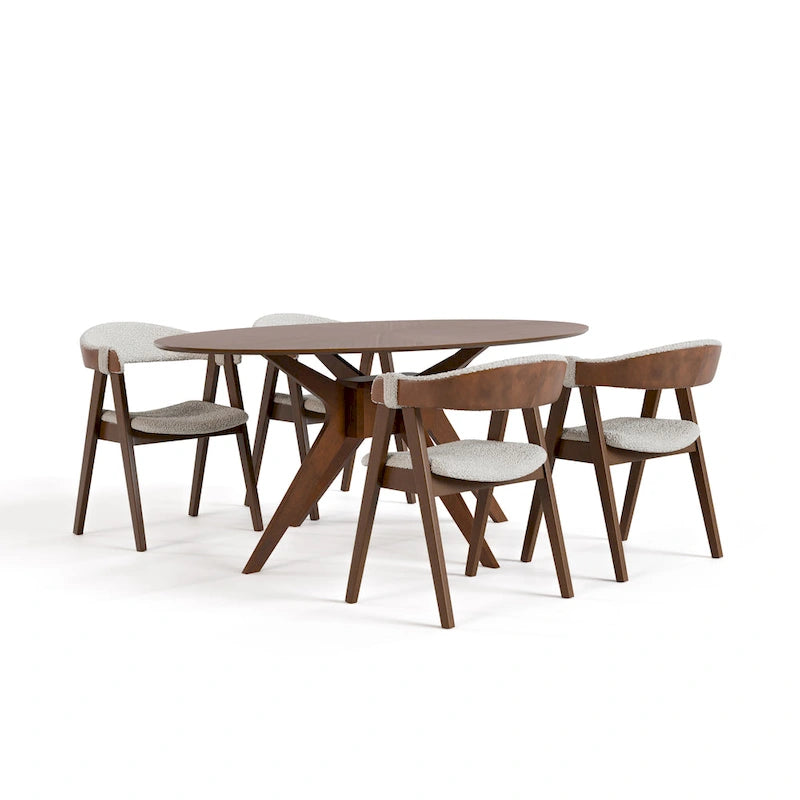 Walnut Oval Dining Table with Beige Boucle Chairs for 4-6