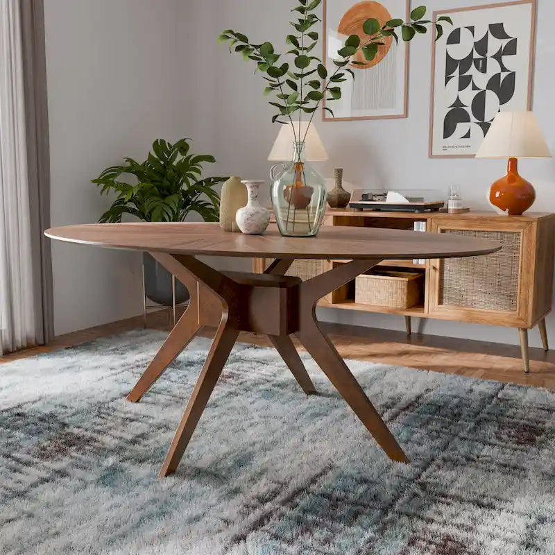 Walnut Oval Dining Table with Beige Boucle Chairs for 4-6