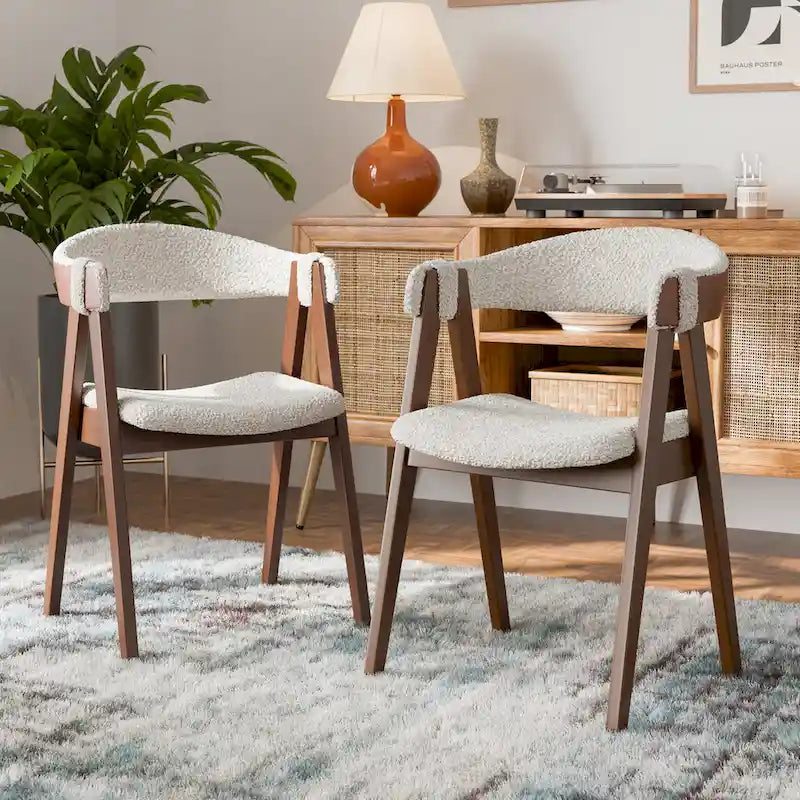 Walnut Oval Dining Table with Beige Boucle Chairs for 4-6