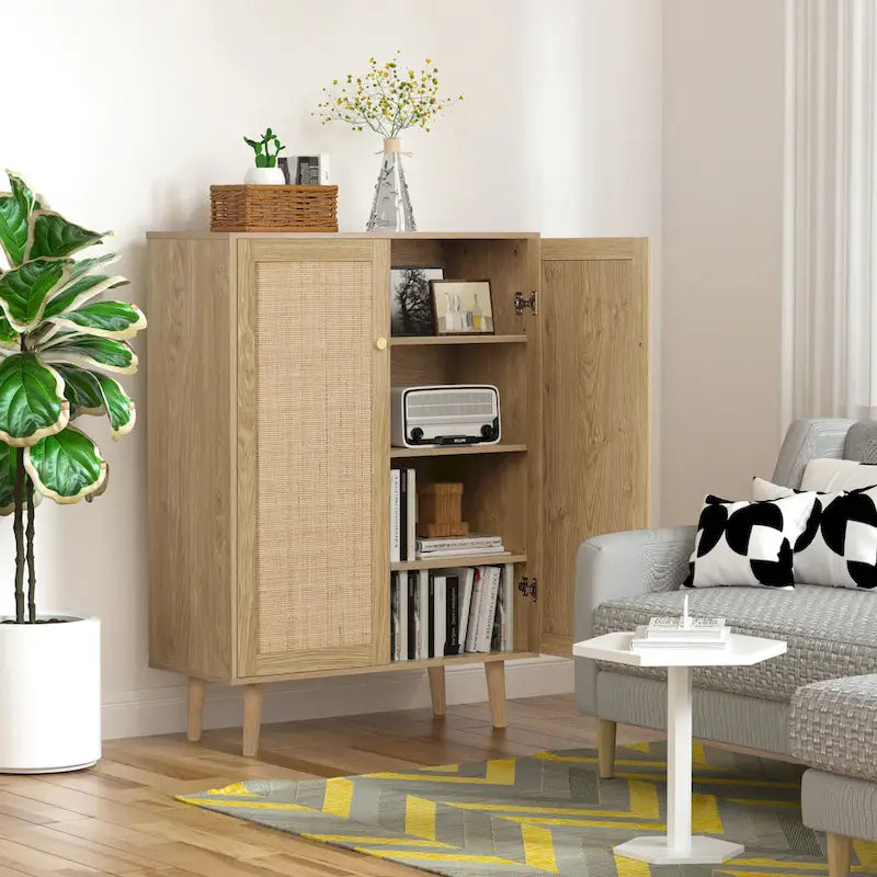 Modern 2-Door Rattan Buffet Sideboard Kitchen Storage Cabinet for Living Room