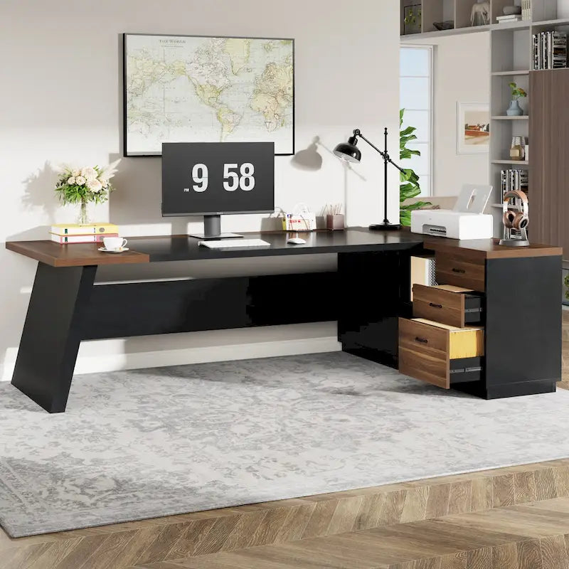 L-Shaped Computer Desk 78.7" with File Cabinet and Drawers
