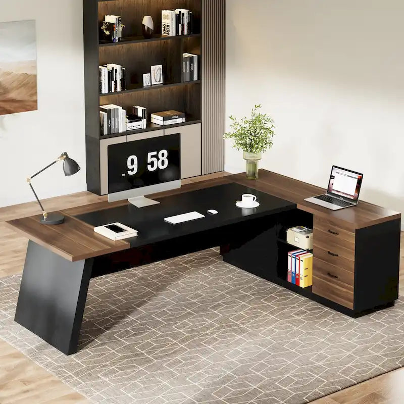 L-Shaped Computer Desk 78.7" with File Cabinet and Drawers