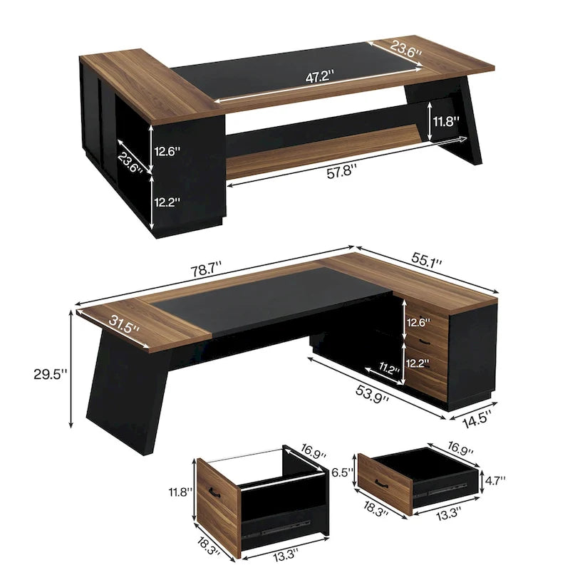 L-Shaped Computer Desk 78.7" with File Cabinet and Drawers