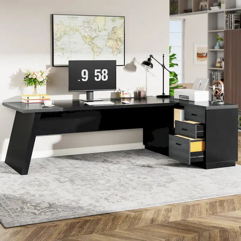 L-Shaped Computer Desk 78.7" with File Cabinet and Drawers