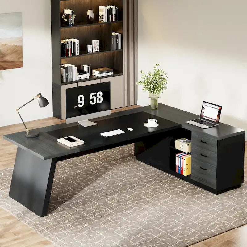 L-Shaped Computer Desk 78.7" with File Cabinet and Drawers