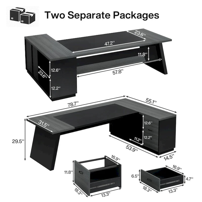 L-Shaped Computer Desk 78.7" with File Cabinet and Drawers