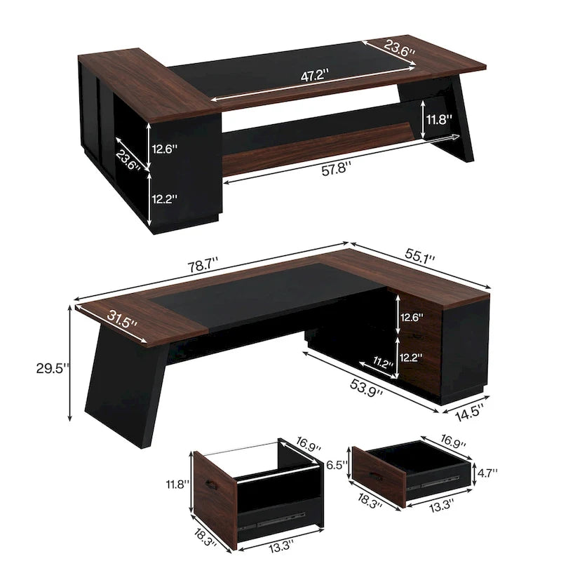 L-Shaped Computer Desk 78.7" with File Cabinet and Drawers