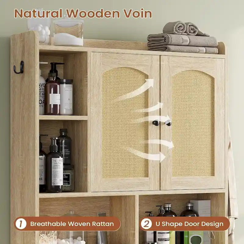 Over-Toilet Storage Cabinet with Rattan Doors