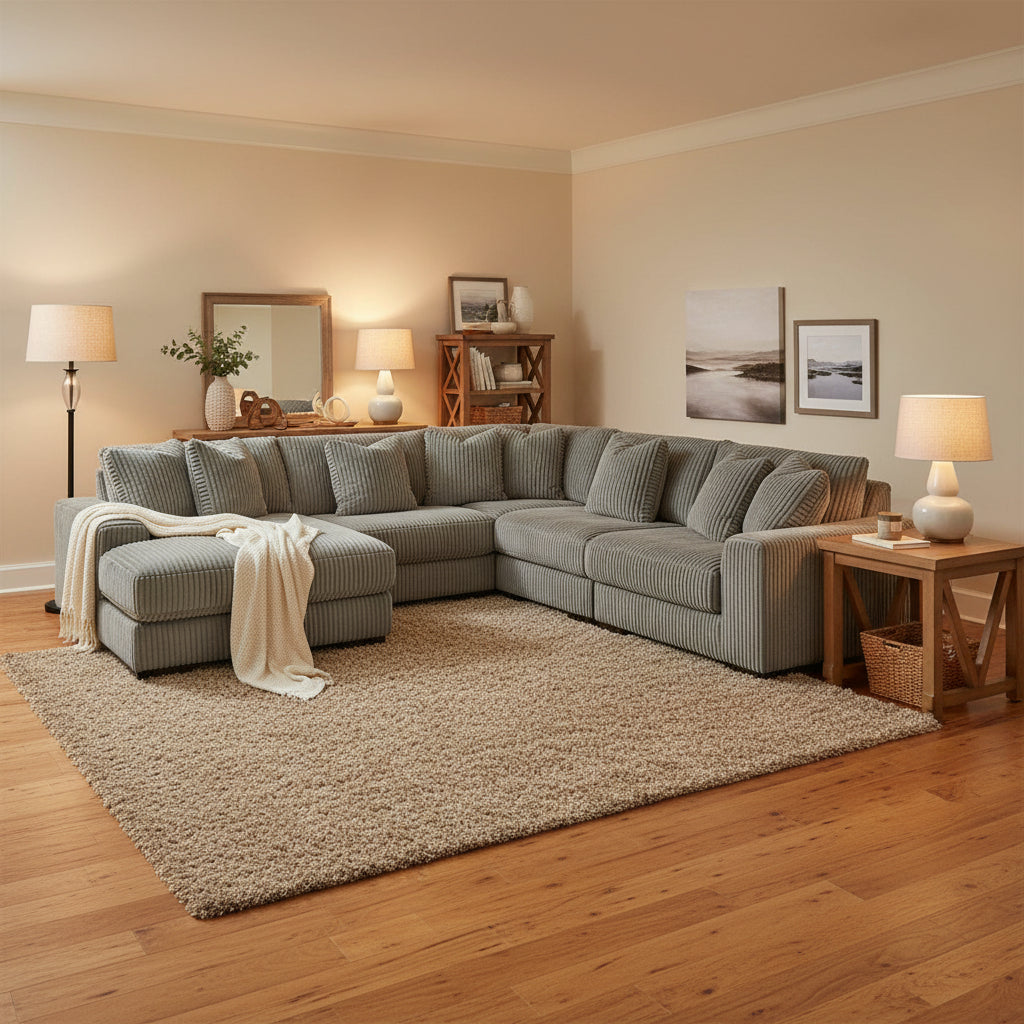 Fog Gray Cord Sectional Sofa for 5-6 People